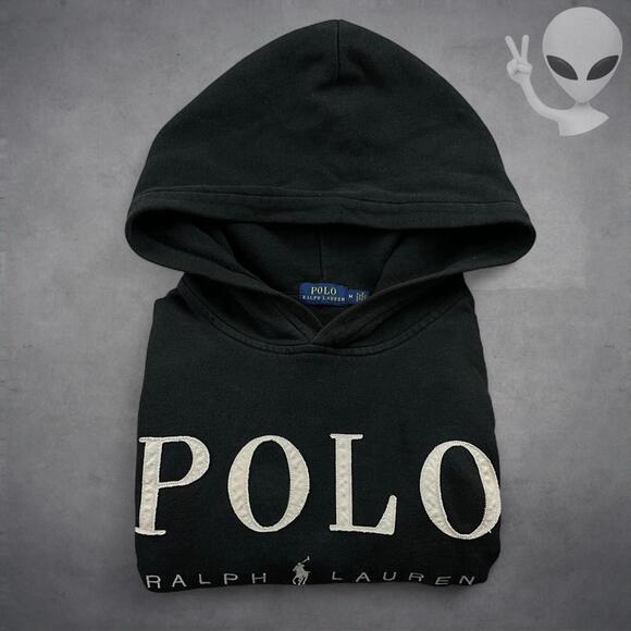 Polo Ralph Lauren Spellout Hoodie Medium Black Embriodered Pullover Vintage - Picture 6 of 6